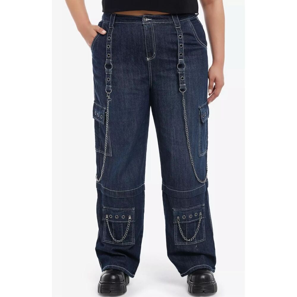 Hot Topic Dark Blue Grommets & Chains Wide-Leg Jeans Plus Size 18 Nwot